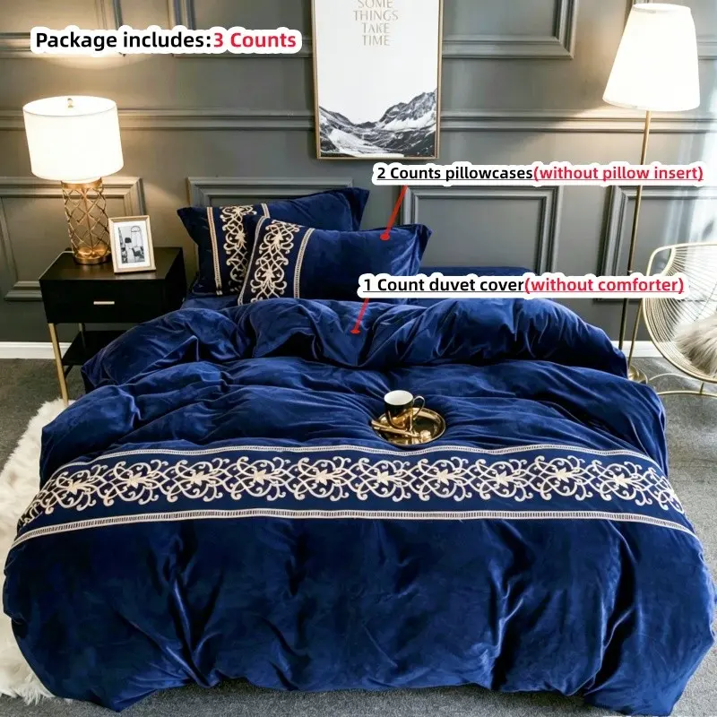 3pcs Winter Fleece Lace Bedding Set, Includes 1 Duvet Cover + 2 Pillowcases,without any filling, Single Twin Double Queen king Size, warm fabric, Duvet Cover Sets, Cozy Bedding Set