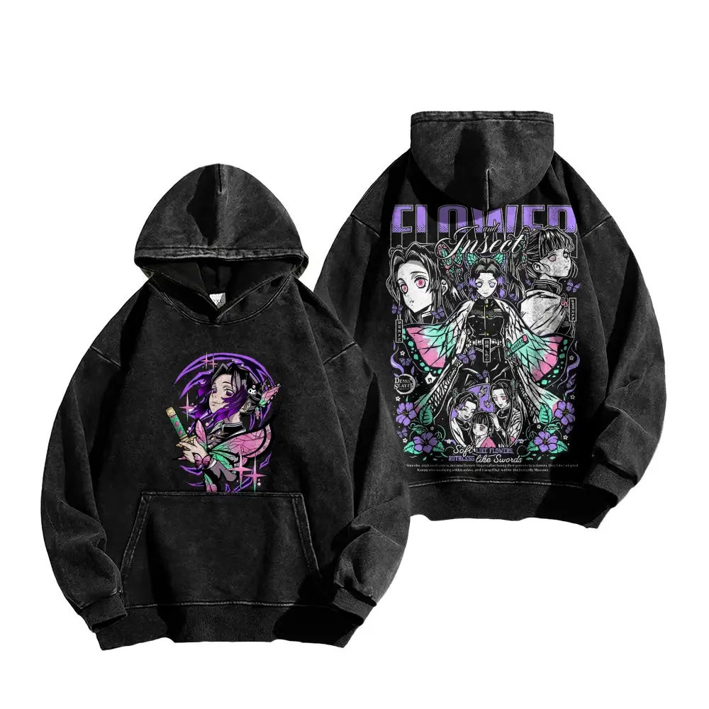 Unisex Vintage Washed Pullover Hoodie ShinobuKocho Demon Slayer Character Graphic Double‑Sided Print Hooded Sweatshirt, Oversized Streetwear Fleece Top with Front Pocket, Multiple Colors Available