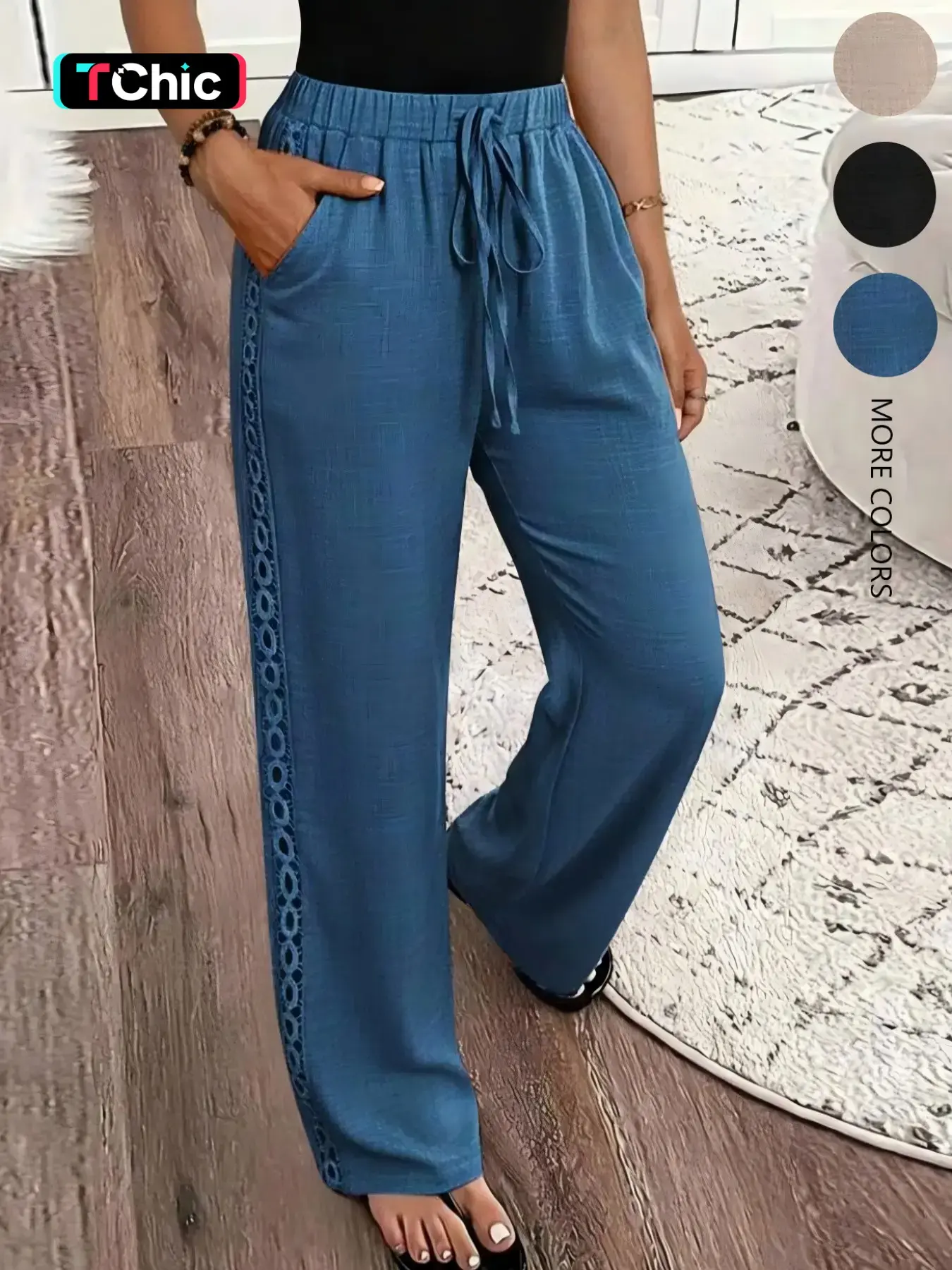 Women's Casual Fashion Baggy Solid Color Denim Effect Linen Contrast Lace Trim Straight Pants Fall Cloth For Women