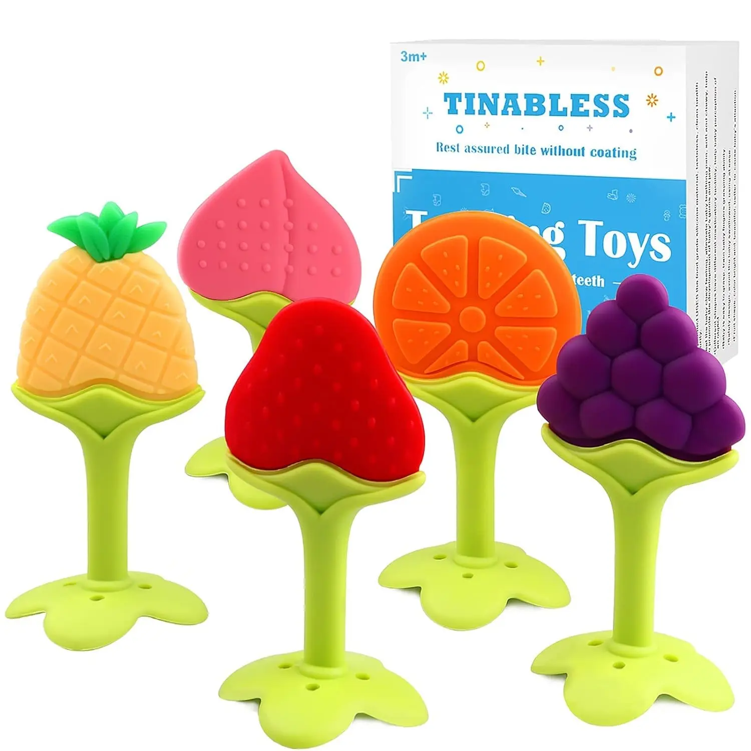 5-Pack Silicone Baby Teethers, Multicolor Fruit-Shaped Teething Keys (Pineapple, Grape) for 0-3 Years Infants, BPA-Free, Freezer-Safe, No Harmful Additives