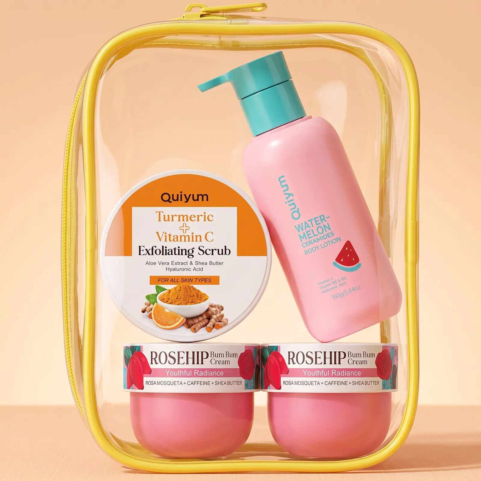 QUIYUM Body Care - Skin Care Set - Turmeric Vitamin Scrub, Watermelon Body Lotion, Rosehip Bum Bum Cream, 5pcs - Gift Set for Women - Ideal for Beauty Gifts Birthday Christmas Mother's Day Valentine
