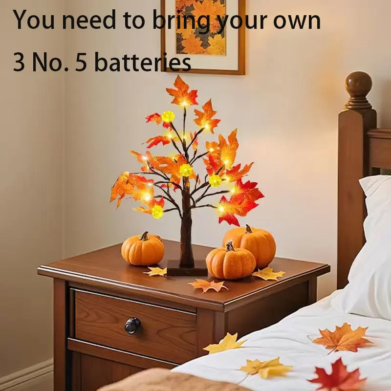 Autumn Decor - 18-Inch Pre-Lit Maple Tree with 24 LED Lights and Timer, Battery-Powered, Pumpkin Light, Indoor/outdoor Decoration, Festive Home Decoration