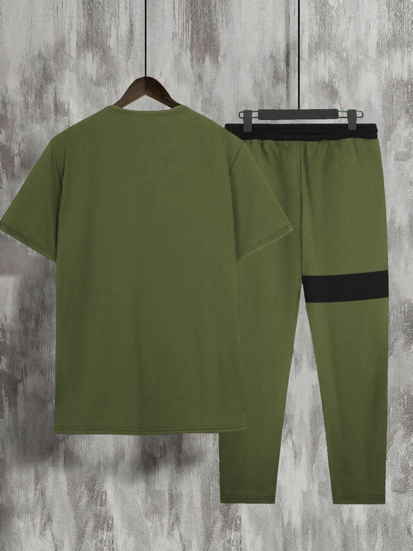 Two Counts Men's Patchwork Colorblock Print Pocket Pants Set, Casual Short Sleeve Fitted Crewneck Round Neck Jersey Tee & Drawstring Waist Pants Casual Trousers, Men's 2 Piece Set, T Shirt Set, Fashion Men's Outfits For Summer, Clothing, Menswear
