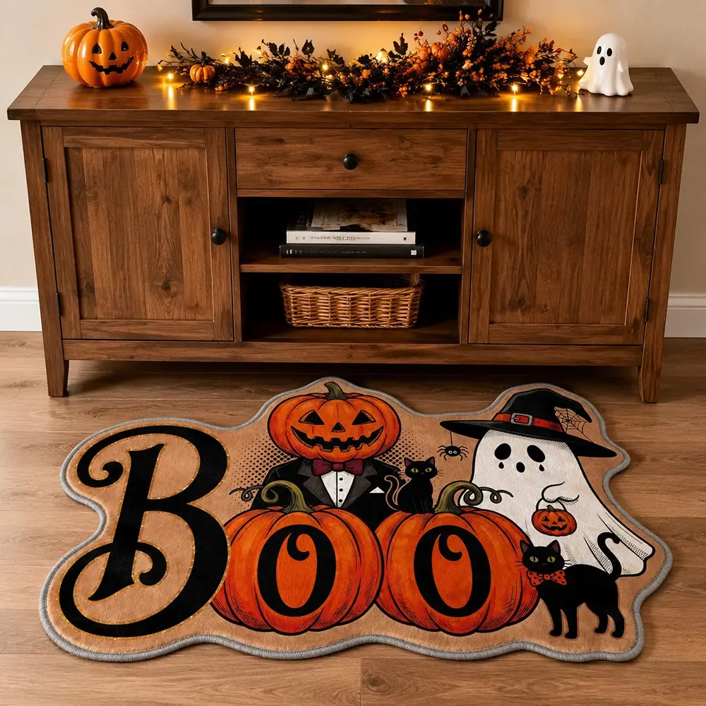 Vintage Cute Boo Letter Pumpkin Costume Ghost Witch Hat Cat Shaped Rug, Velvet Soft Indoor Carpet, Halloween Home Decor Mat