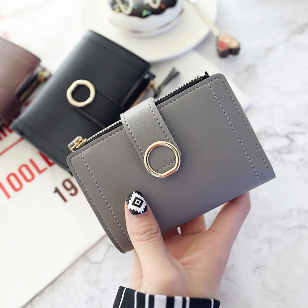 Short Bifold Wallet for Women Round Metal Snap with Zipper Coin Pocket Faux Leather Multi Card Slots Clear ID Window Mini Purse Multiple Solid Color Options