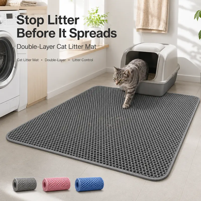 Pink Double-Layer Honeycomb Cat Litter Mat, 30x22in Non-Slip Urine-Proof Floor Mat - Waterproof, Mess-Trapping Litter Control Rug, Cat Supplies