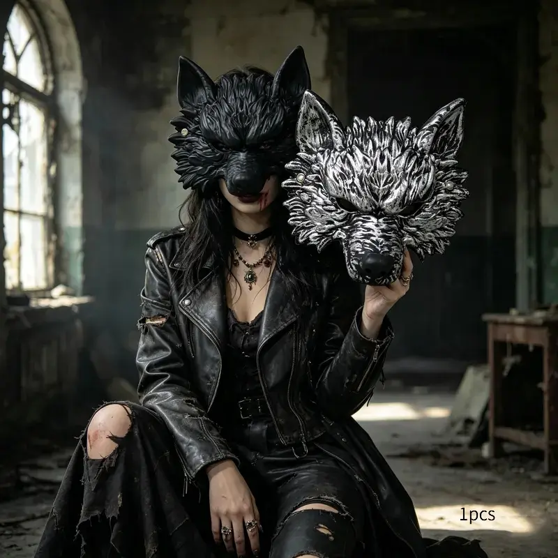 Funny Cosplay Halloween Wolf Mask Black Silver Finish Breathable Eye Hole Party Costume Mask 3D Fur Texture Animal Design
