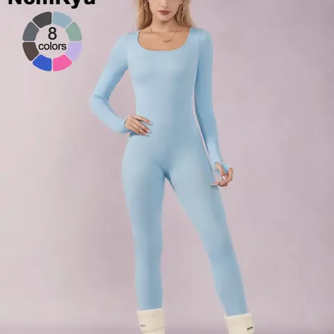 Women's Solid Ribbed Long Sleeve Sports Playsuit Tummy Control Jumpsuit, Workout Ribbed Long Sleeve Exercise Bodycon Jumpsuit, Seamless Jumpsuits One-piece Yoga Suit, Summer Outfits 2024