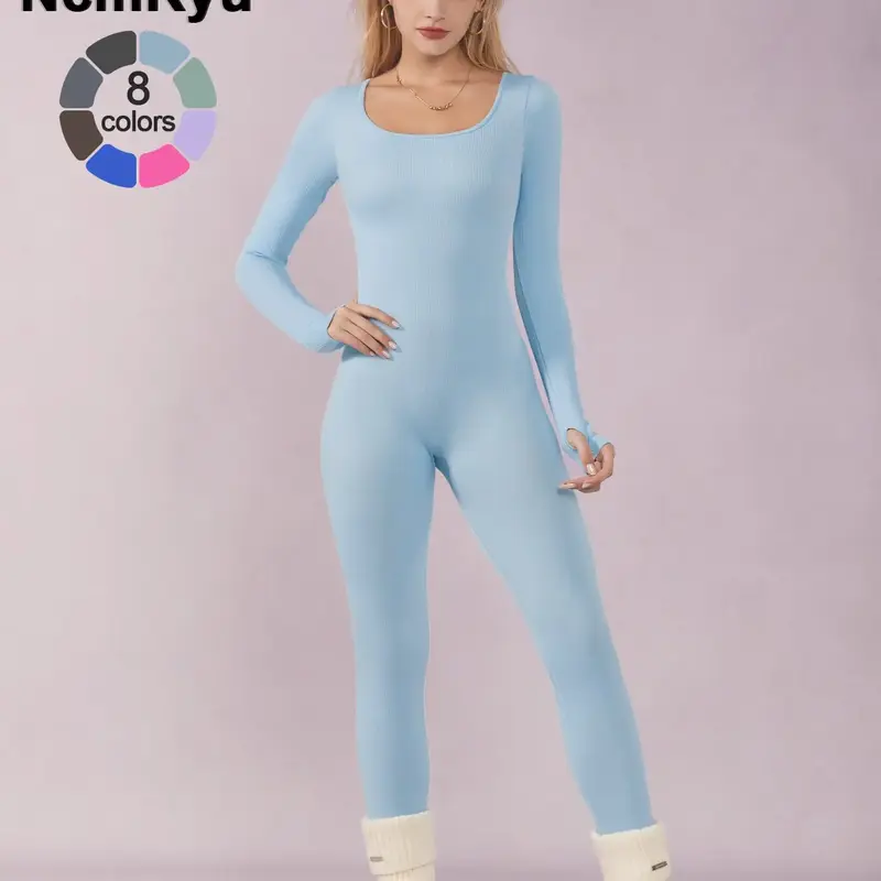 Women's Solid Ribbed Long Sleeve Sports Playsuit Tummy Control Jumpsuit, Workout Ribbed Long Sleeve Exercise Bodycon Jumpsuit, Seamless Jumpsuits One-piece Yoga Suit, Summer Outfits 2024