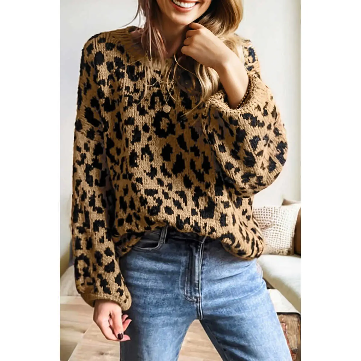 Women's Trendy Leopard Print Knit Sweater - Ribbed Trim, Round Neck, Drop Shoulder, Long Sleeve, Comfortable Everyday Casual Loose Fit Pullover Knitwear, Trend, Fashion, Clothes, Women's Fashion, Knitting, Longsleeves, Tops