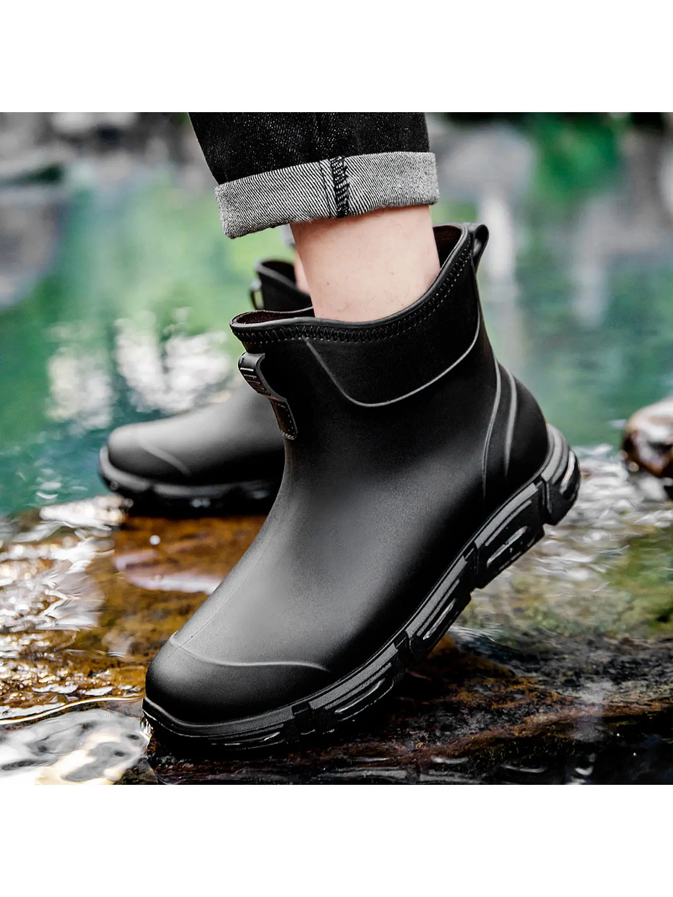 Men Fashion Short Ankle Rain Boots, Waterproof Non Slip Rubber Boots Lightweight Outdoor Garden Fishing Casual Water Shoes