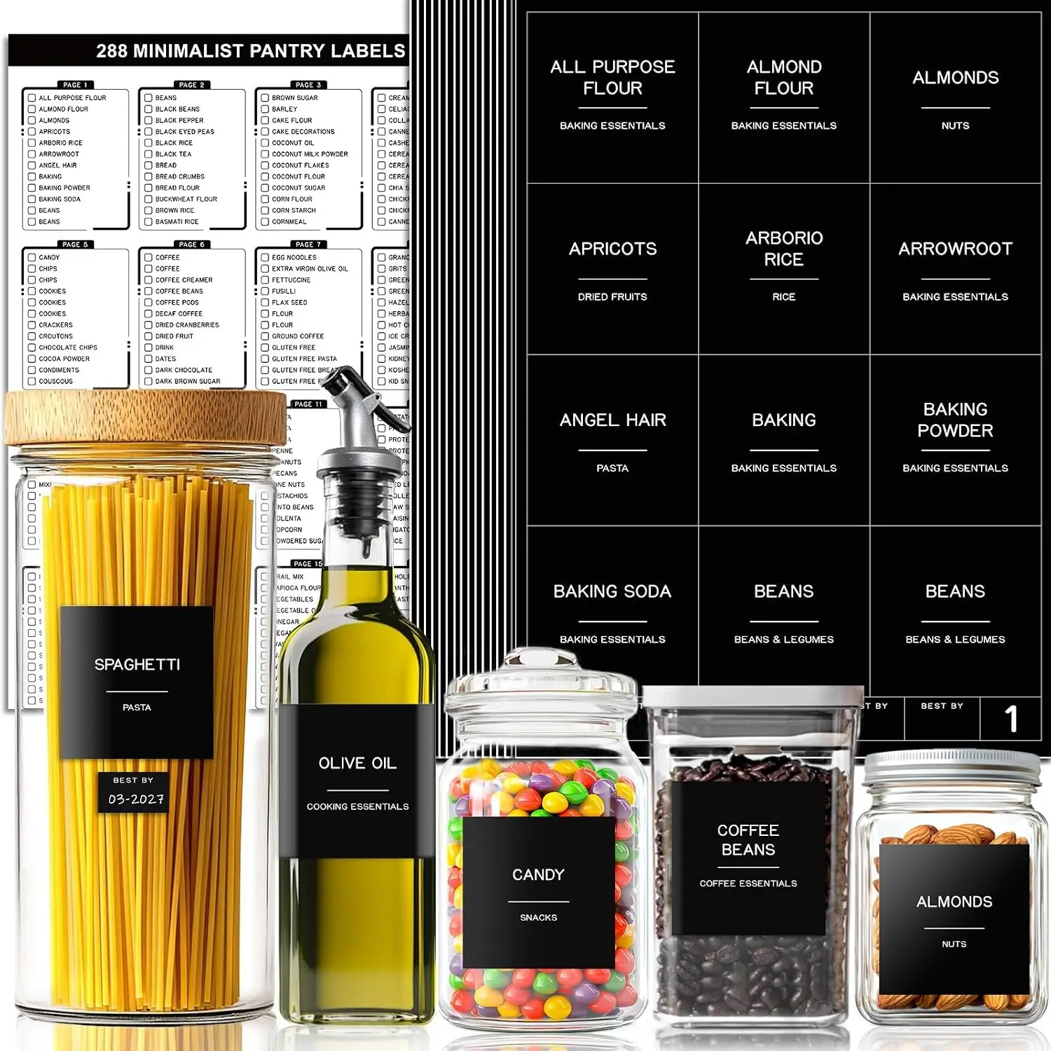 288 Square Shape Minimalist Waterproof Pantry Labels for Food Containers, Black Preprinted Stickers to Organize Bins, Jars & Kitchen Storage