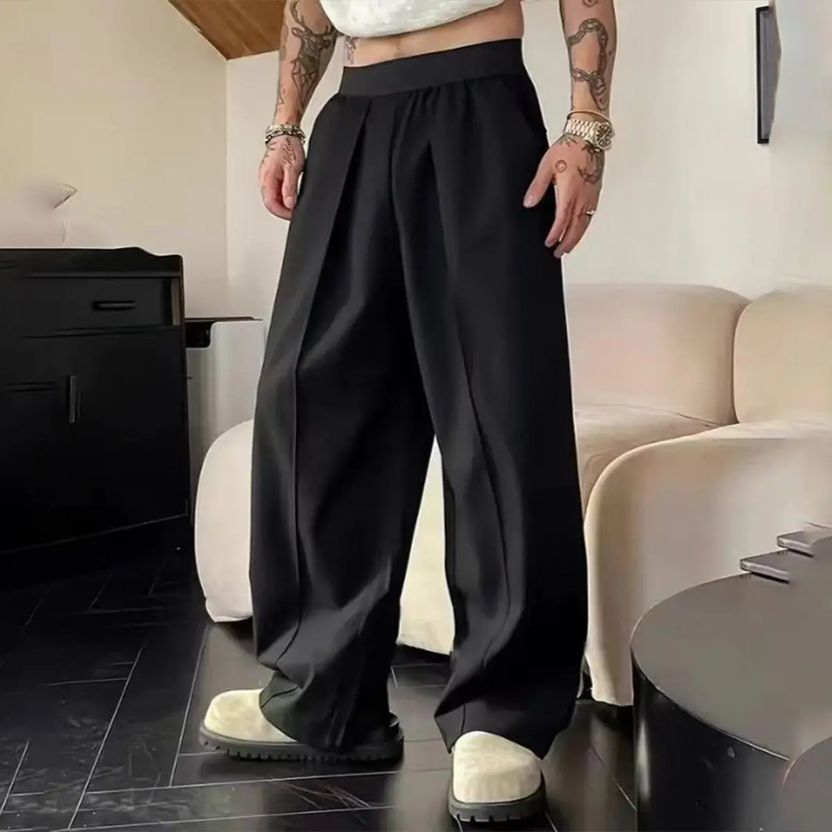 Men's Black High-Waist Pleated Wide-Leg Pants - Non-See-Through, Leg-Lengthening, Loose-Fitted Aesthetic, Casual, Contemporary, Floor-Fitting Pants for Minimalist Streetwear, Aesthetic Men's Pants, Casual Men's Pants