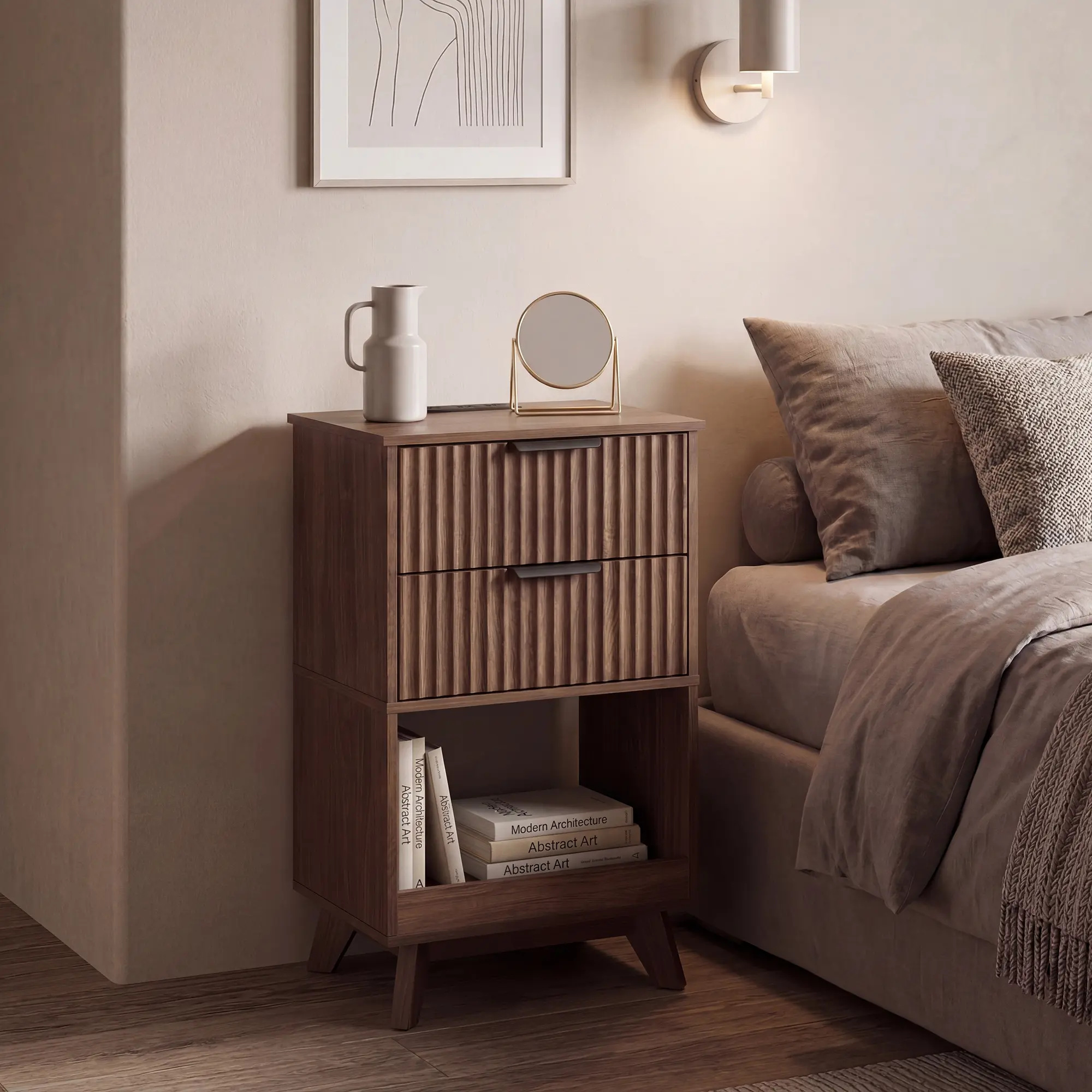 Claiks 30" Height Engineered Wood Nightstand - Mid-Century 2-Drawer Tall Bedside Table with Vertical Flutes, Tapered Legs, Charging Station, Wireless Charging Station, Storage Shelf, Easy Setup for Bedroom Indoor Use