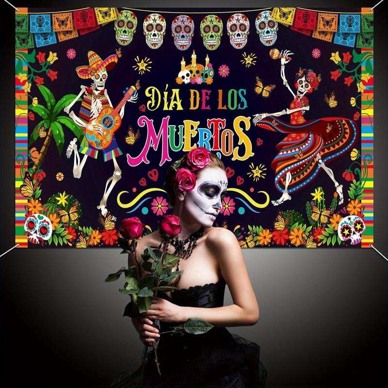 1pc 2D Flat Day of the Dead Banner, Dia de los Muertos Party Backdrop, Polyester Skull & Marigold Floral Decoration for Halloween Mexican Festival, No - Electricity Multipurpose Festive Supply