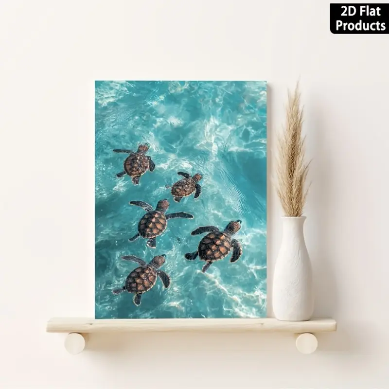 1 Piece Home Wall Decor, Artwork of Five Little Sea Turtles Swimming in Clear Pale Blue Water, Frameless Art Print for Vintage Home Decor & Living Room Wall Accent