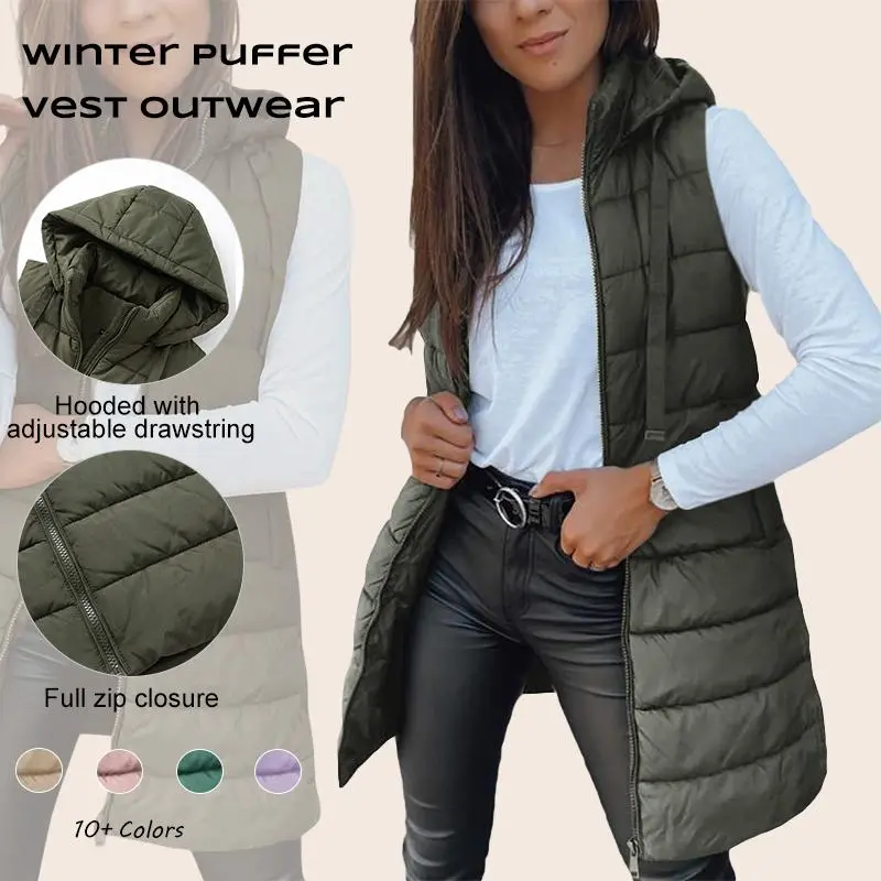 Imily Bela Women Long Vest Solid Color Sleeveless Hood Winter Puffer Vest Outwea
