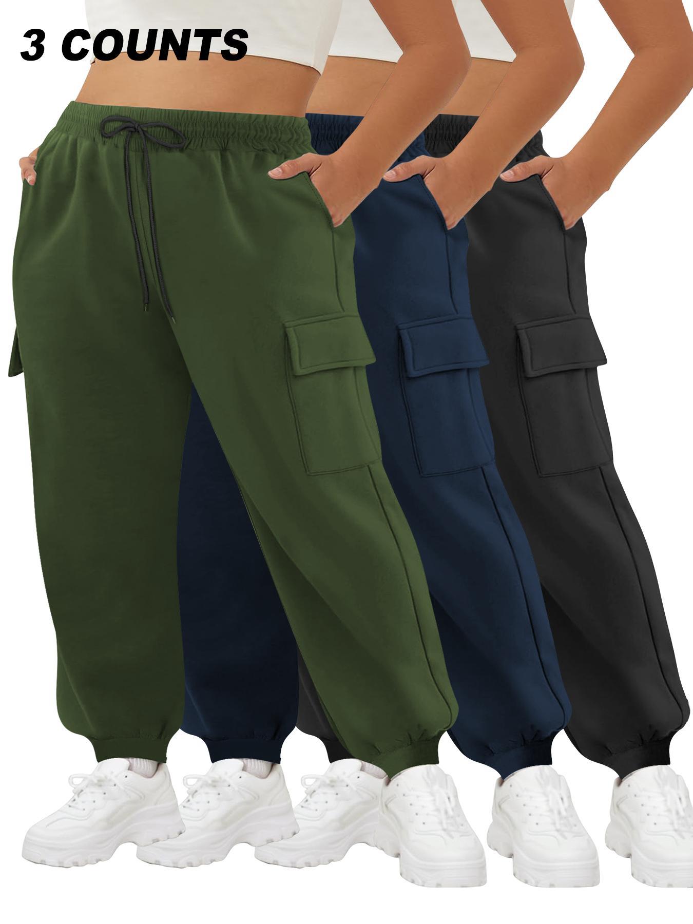 【Plus Size】 Solid Cargo Pants, Casual Comfortable High Stretch Cargo Pants for Daily Wear, Women's Bottoms for All Seasons, Casual Comfy Trousers, Casual Loose Pocket