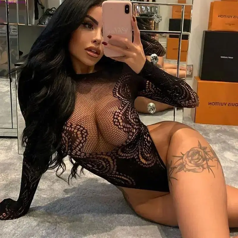Women's Round Neck Sheer Mesh Bodysuit Set, Romantic Glamorous Hollow Easy-Wear Lingerie Bodystocking, Layering Fashion Set for Party & Night Out