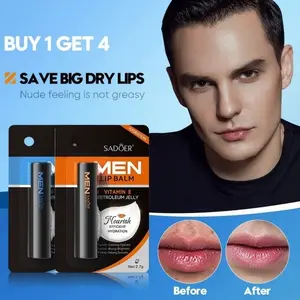 [BUY 1 GET 4]SADOER Men Vaseline Lip Balm 4PCS  Set, Non-Greasy Long Lasting Hydration, Repair Dry Crack Dark Peeling Lips, Reduce Lip Lines Brighten Lip Tone, Matte Clear Male Lip Care Balm Daily Moisturizing 2.7g*4