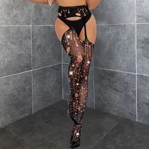 Plus Size Rhinestone Hollow Hole Open Crotch Integrated Fishnet Tights