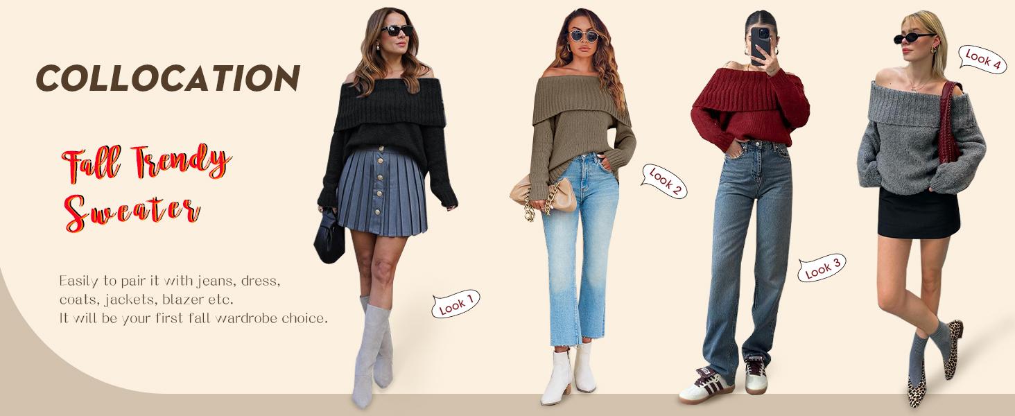 Saodimallsu Womens Off The Shoulder Sweaters Oversized Long Sleeve Loose Ribbed Knit Fall Trendy Pullover Tops Knitwear Womenswear SpringStatements