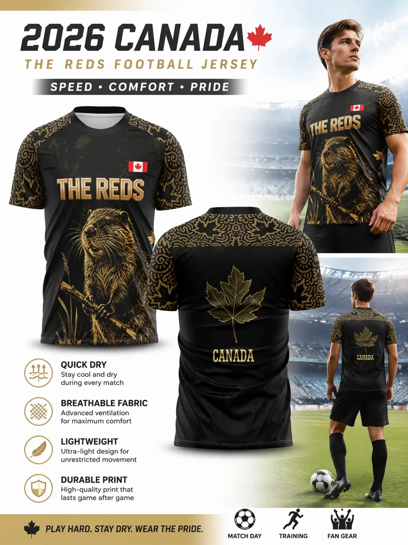 20266 Canada Gold Maple Geometric Shoulder Sleeve Soccer Jersey, Lightweight Breathable Sportswear for Matches and Daily Use
