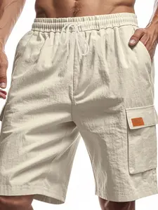 Men's Casual Linen Shorts, Breathable Loose Workwear with Multiple Pockets, Deep Squat Running Shorts, Fitted Plain Design