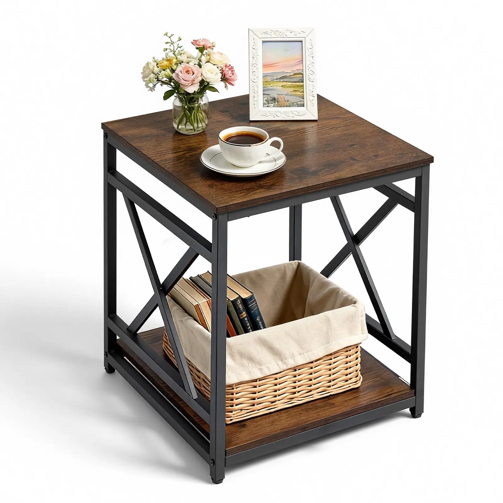 【DealsForYouDays】VEVOR End Table, 2-Tier Square Side Table with Open Storage Shelves, Modern Nightstand Bedside Desk with X-Design Metal Frame, Wood Sofa Coffee Desk for Living Room, Bedroom, Office, Dorm, Brown