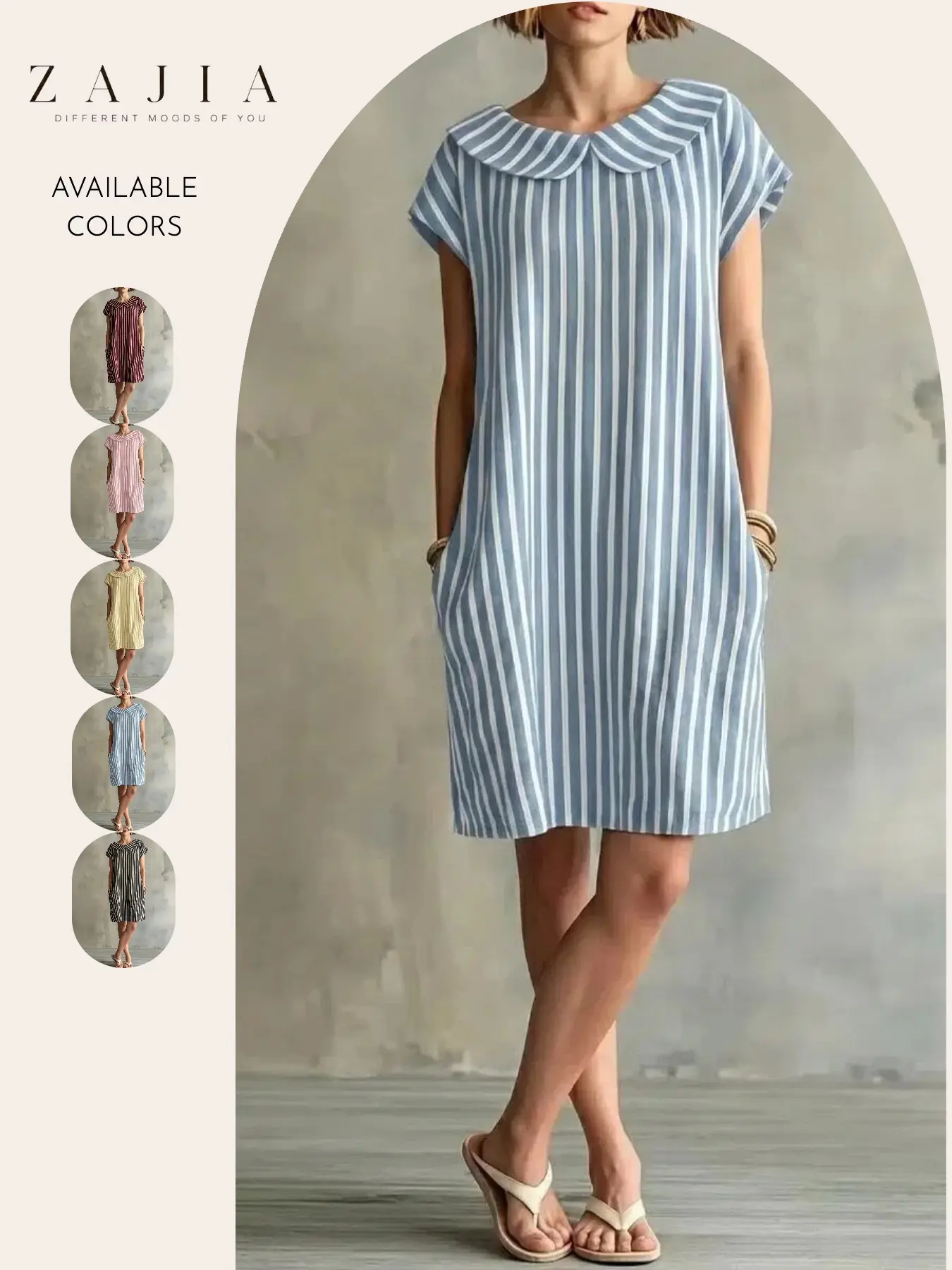 Women’s Striped Shift Dress, Casual Boho Fashion Chic Peter Pan Collar, Short Sleeve, Loose Fit, Mini Dress with Pockets, Summer Beach Vacation Dresses, Boho Holiday Dress