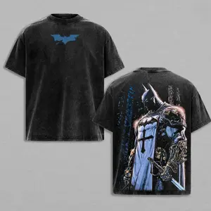 Retro Dark Knight Worn Blue Bat Chest Symbol & Medieval Tunic Sword Warrior Full Back Bust Portrait Dual-Sided Vintage Washed Black T-Shirt, Unisex Oversized Heavyweight Cotton Streetwear Top, Ideal Gift for Dark Knight Fans