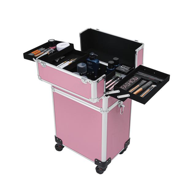 4 In 1 Aluminum Makeup Case Pink, Professional Cosmetic Storage Box for Makeup Tools Brushes and Accessories, Portable Beauty Organizer for Travel and Home Use
