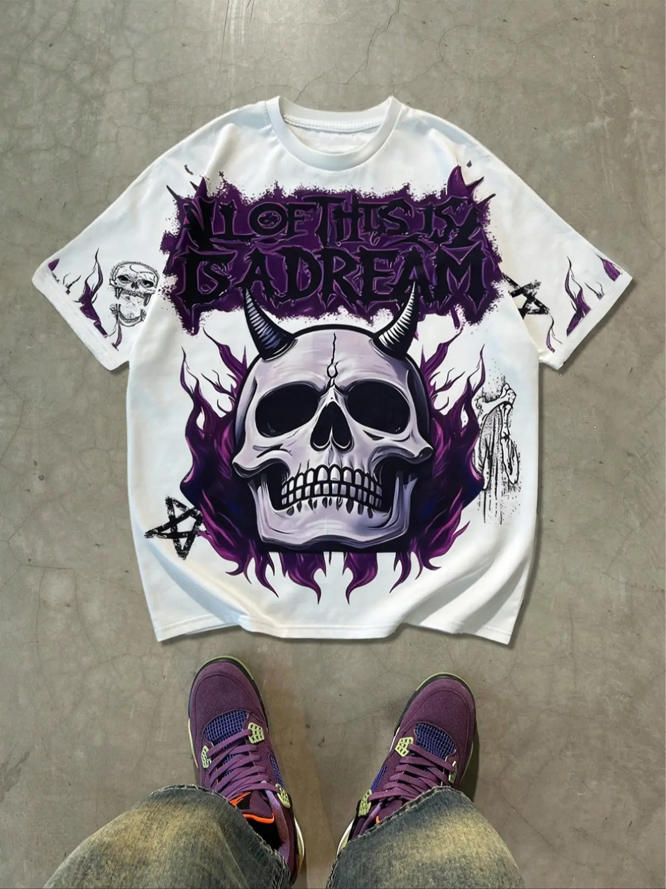 Men's Trendy T-Shirt, Casual Tops, Retro Vintage Crew-Neck Tee with Skull Demon Horns and Purple Hellfire Graphic Print, Street Style Men's Loose Graphic T-Shirt, Fashionable Streetwear, Y2K Grunge Aesthetic, Casual Wear Top for Back to School