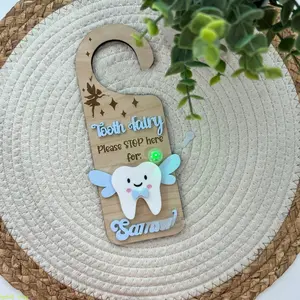 Wooden Tooth Fairy Door Hanger For Kids, Laser Engraved Moon Star Design With Mini Glass Tooth Storage Bottle, 3D Cartoon Tooth Decor, Smooth Rounded Edges No Sharp Corners, Easy To Hang On Bedroom Doorknob, Create Sweet Lost Teeth Ritual, Avoid Losing Ba