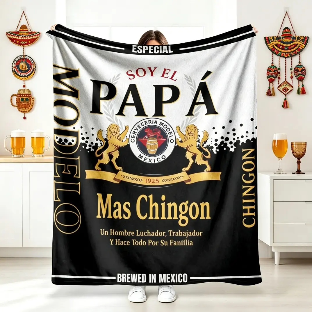 Funny Mexican Dad Flannel Blanket, Soft Cozy Fleece Throw with "Soy El Papa Mas Chingon" Quote Print, Modelo Beer Label Parody, Father's Day Gift for Hispanic Men, Adults & Kids