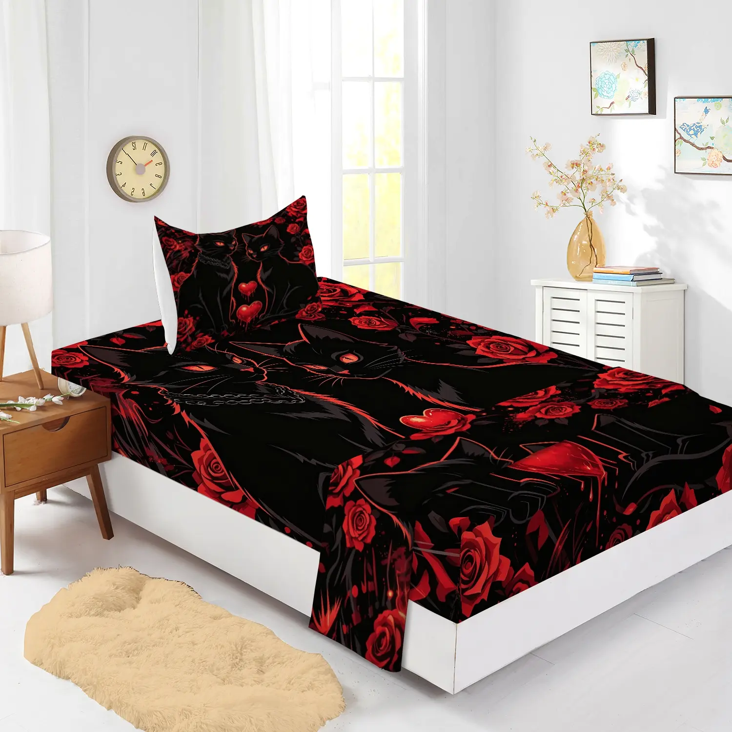 4Pcs Dark Aesthetic Bedding Set, Cool Red Rose and Wild Wolf Print Bed Sheet Kit, Stylish Decorative Bed Linens for Bedroom (1 Flat Sheet+1 Fitted Sheet+2 Pillowcases) Machine Washable