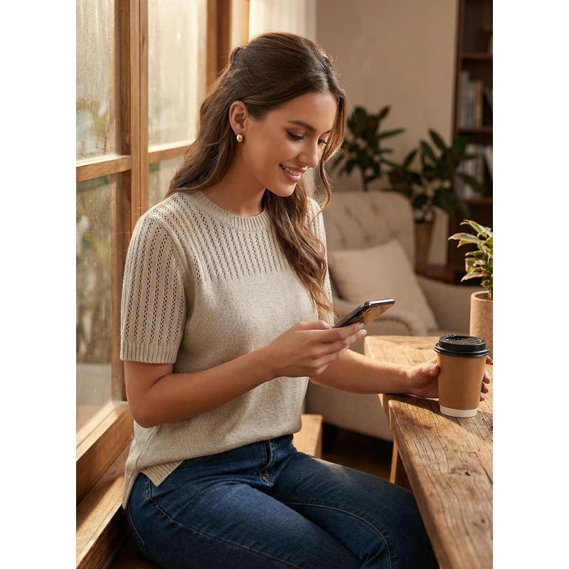 Womens Summer Tops Dressy Casual Crewneck Short Sleeve Shirts Solid Hollow Out Knit Loose Sweater Blouses