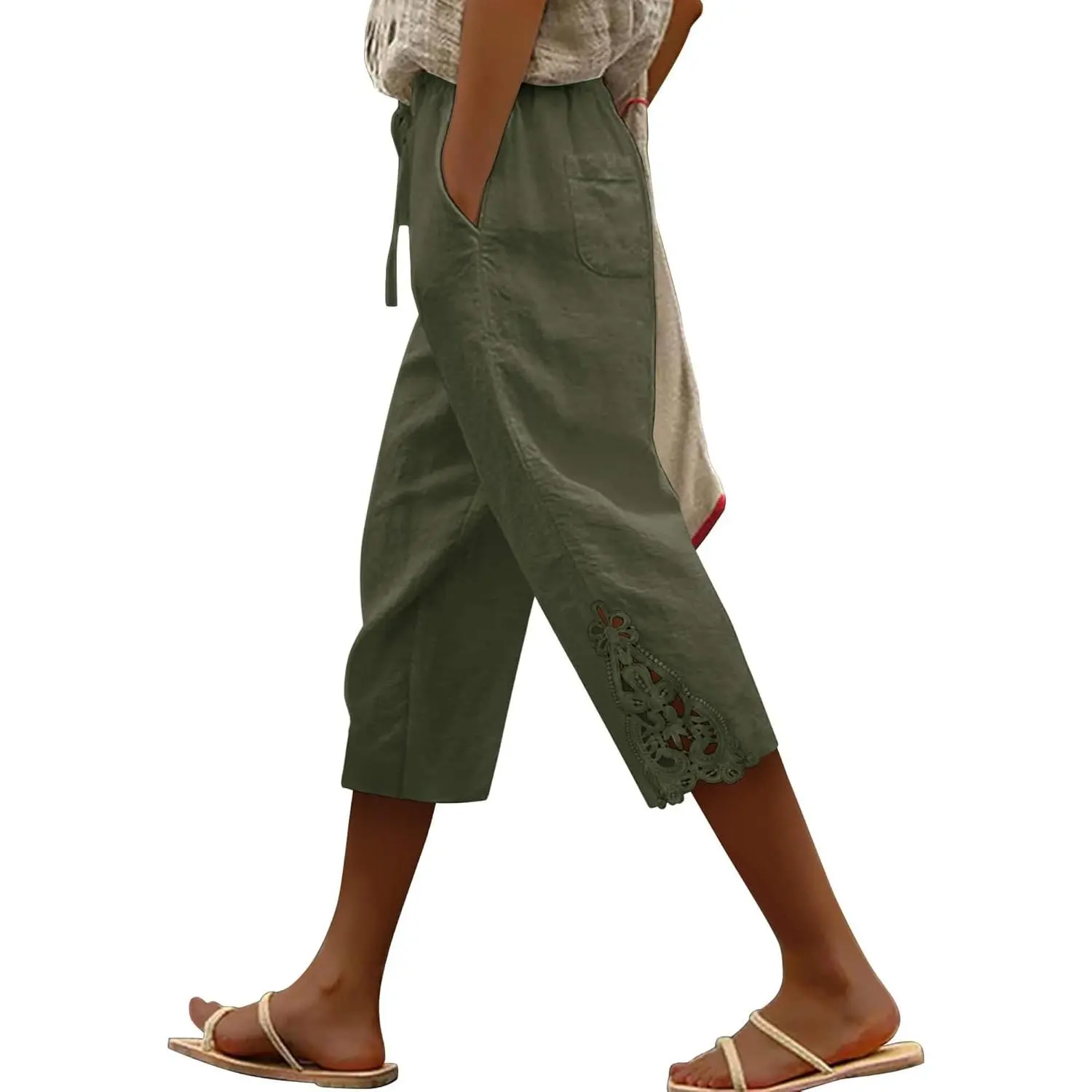 Women's Capri Pants - Casual Cotton Linen Trousers, Lightweight Drawstring Elastic Waist, with Pockets, Sizes XS-3XL, Capri Pants Women, Bottom, Lady, Drawstring Waist, Basic