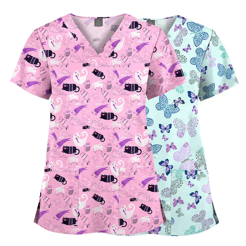 V-cartoon print scrub shirt, medical workwear, elastic fabric is skin-friendly and breathable, loose fit with plus size options, work attire medical staff