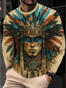 Men's Vintage Native Indian Feather Headdress Full Print Long Sleeve Crew Neck T Shirt Retro Ethnic Tribal Graphic Tees Casual Country Streetwear Loose Fashion Tops