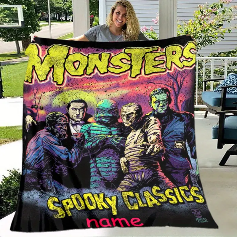 Custom Name Classic Monsters Spooky Classics Flannel Blanket Retro Universal Monster Poster Soft Warm Throw Blanket Sofa Bed Halloween Decor Gift