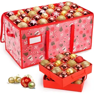 Plastic Christmas Ornament Storage Box with Adjustable Dividers, Waterproof 128 Capacity Christmas Storage Containers, Dual Zippers, Ornament Organizer for Holiday Decor and Gloves