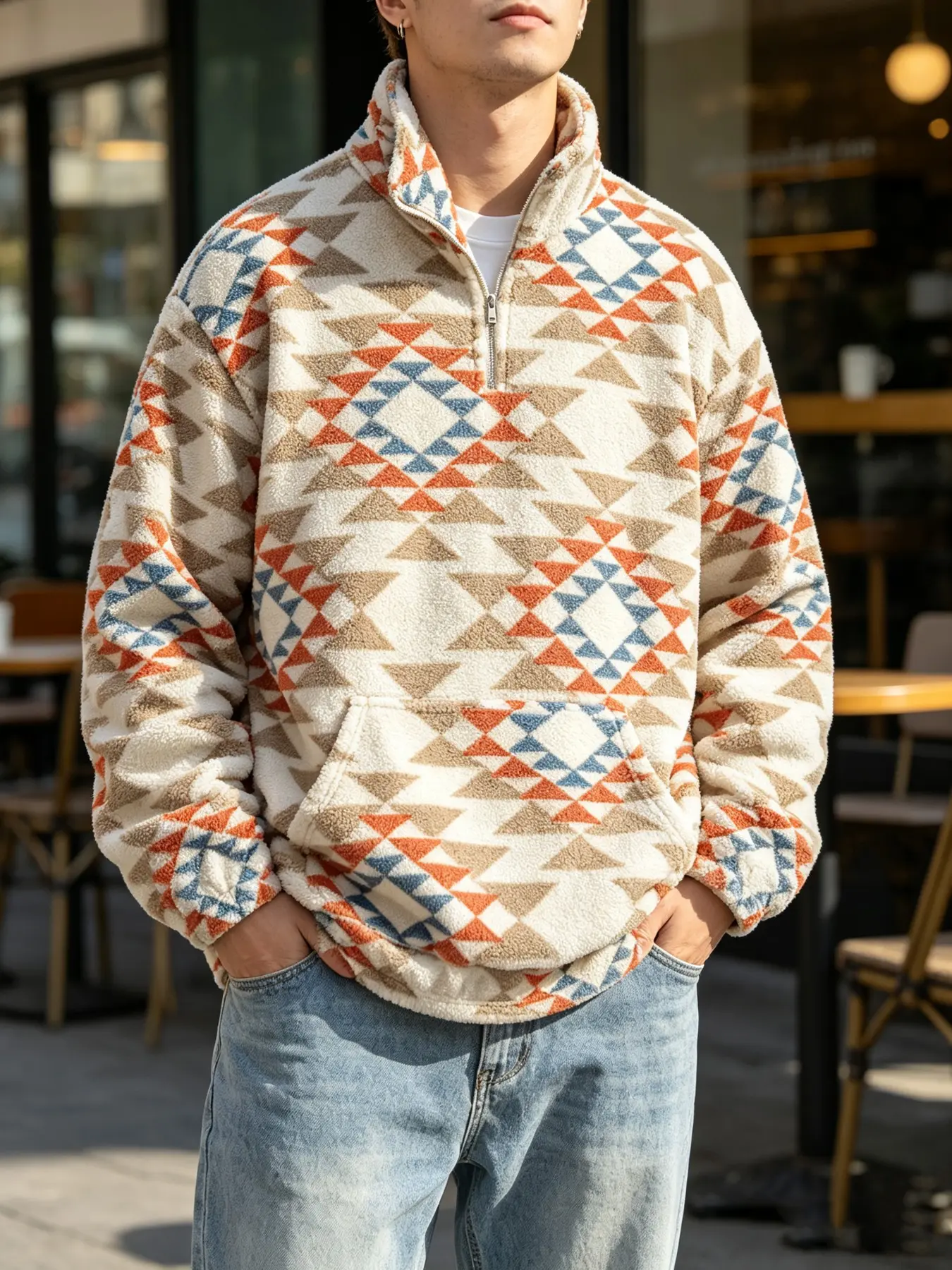 Men Navajo Aztec Geometric Print Sherpa Fleece Pullover, Long Sleeve Soft Plush Half Zip Sweatshirt, Vintage Western Streetwear, Warm Autumn Winter Coat