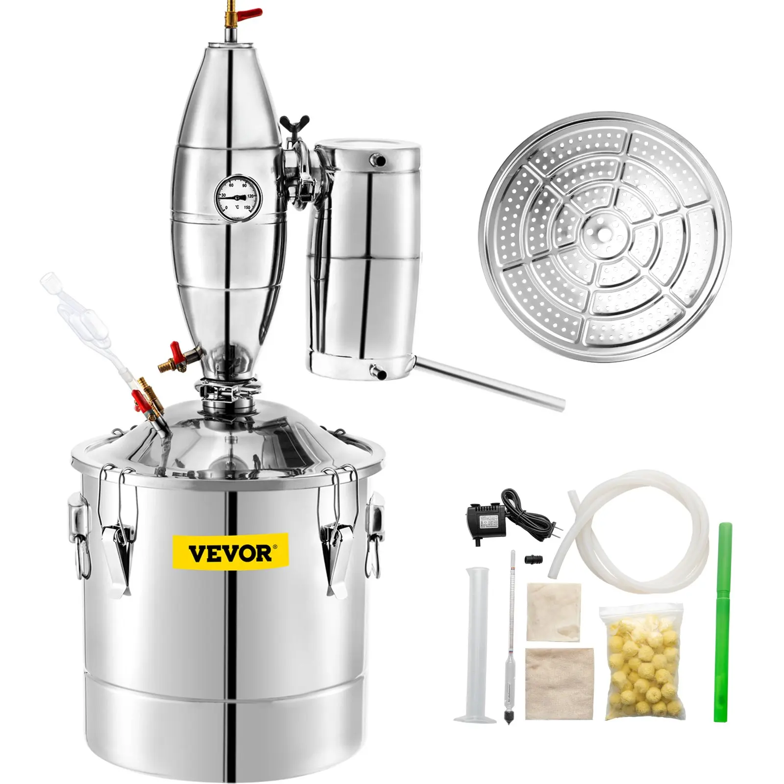 VEVOR 304 Stainless Steel Alcohol Distiller Kit with Rectifying Tower, Condenser, Circulation Pump and Thermometer, 30L 50L 70L