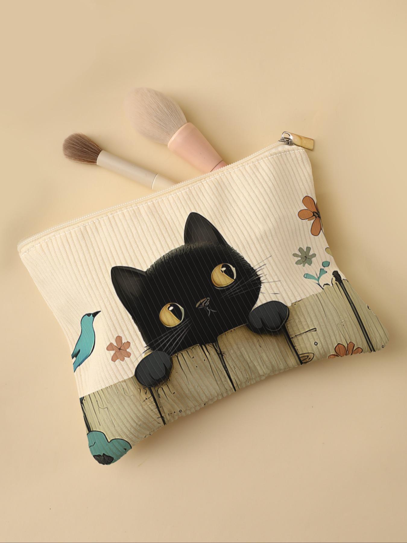 Cat Pattern Corduroy Makeup Bag, Lightweight Zipper Makeup Bag, Multifunctional Makeup Organizer for Toiletries and Accessories, Cosmetic Pouch