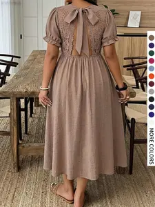 Plus Size A-Line Sleeveless Dress, Back Lace Cutout, Large Bow Tie, Elegant Loose-Fit, Perfect for Daily, Dates, Parties