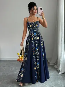 Elegant Navy Floral Summer Long Dress, Sleeveless Beach Party Gown, Solid Patchwork, Casual Date Evening Dress, Fashionable Style