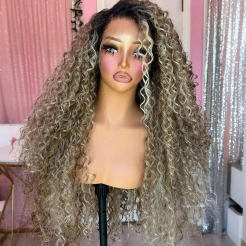 Kinky Curly Lace Front Wig Ombre Brown Roots Ash Blonde Synthetic Wig 13x4 Hd Lace Front Wigs Blonde Deep Wave Synthetic Lace Front Wigs for Women for Daily Party Cosplay Use Suitable for Daily Wear and Professional Performances Alike