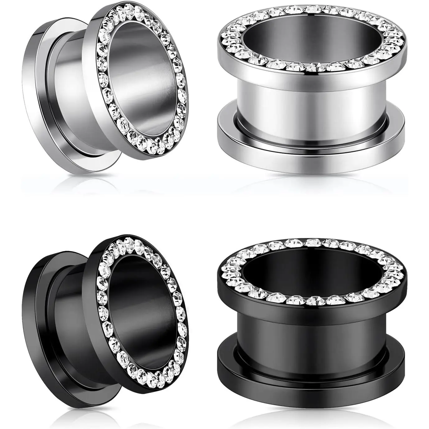 2 count/4Pcs Black and  Stainless Steel with Zircon Ear Tunnels Expander Plugs Stretcher 8g-9/16