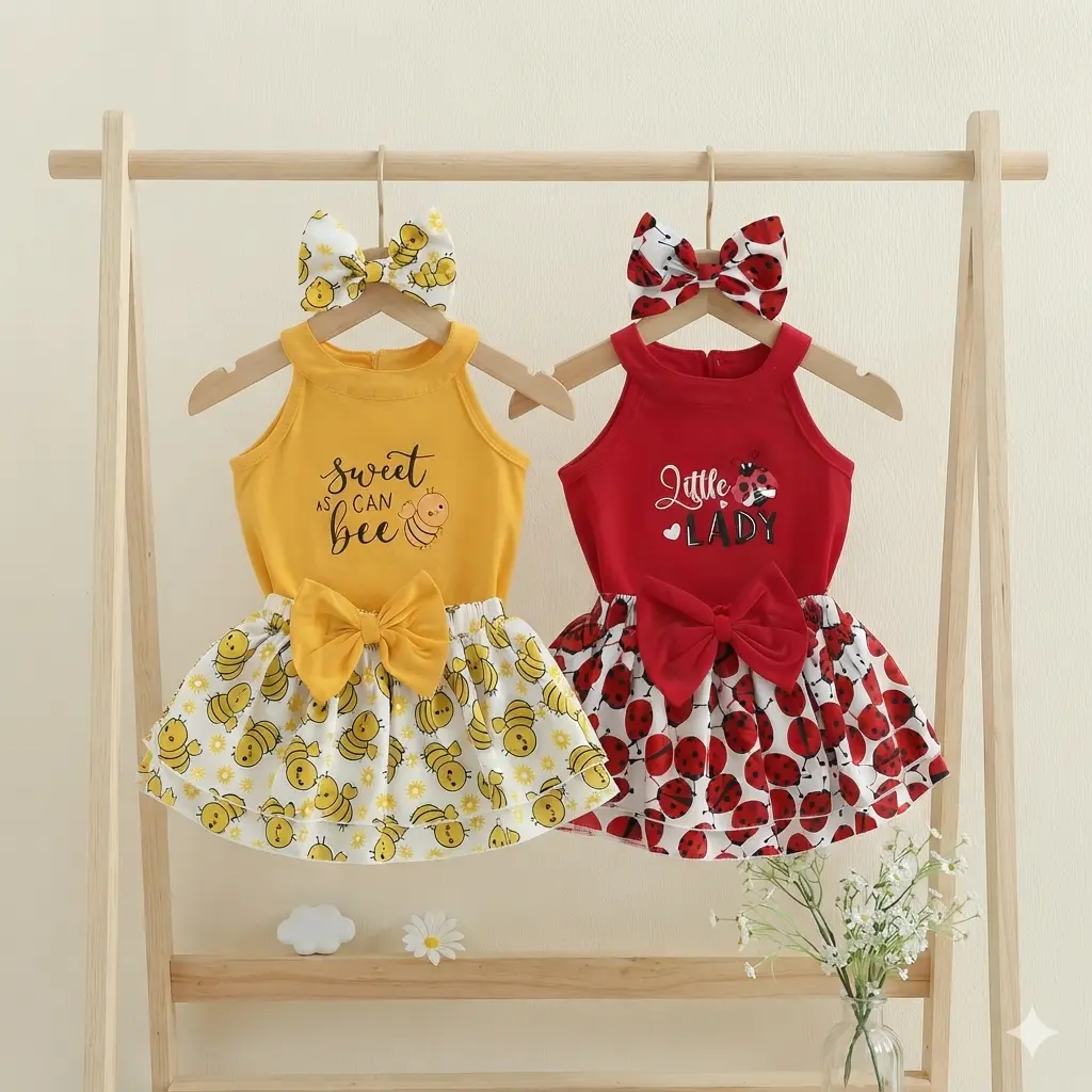 ZZ Baby Girl Summer Set Outfits Bee/Ladybird Print Sleeveless Tank Tops Elastic Waist Skirts 2Pcs Clothes Set, 0-3 Months, Polyester, 2 Piece Sets